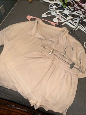 Beige Two-Piece Lounge Set - Cropped Polo Top & Elastic Waist Shorts